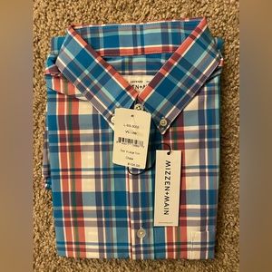 Mizzen+Main short sleeve mens dress shirt. XL trim. Bright plaid.